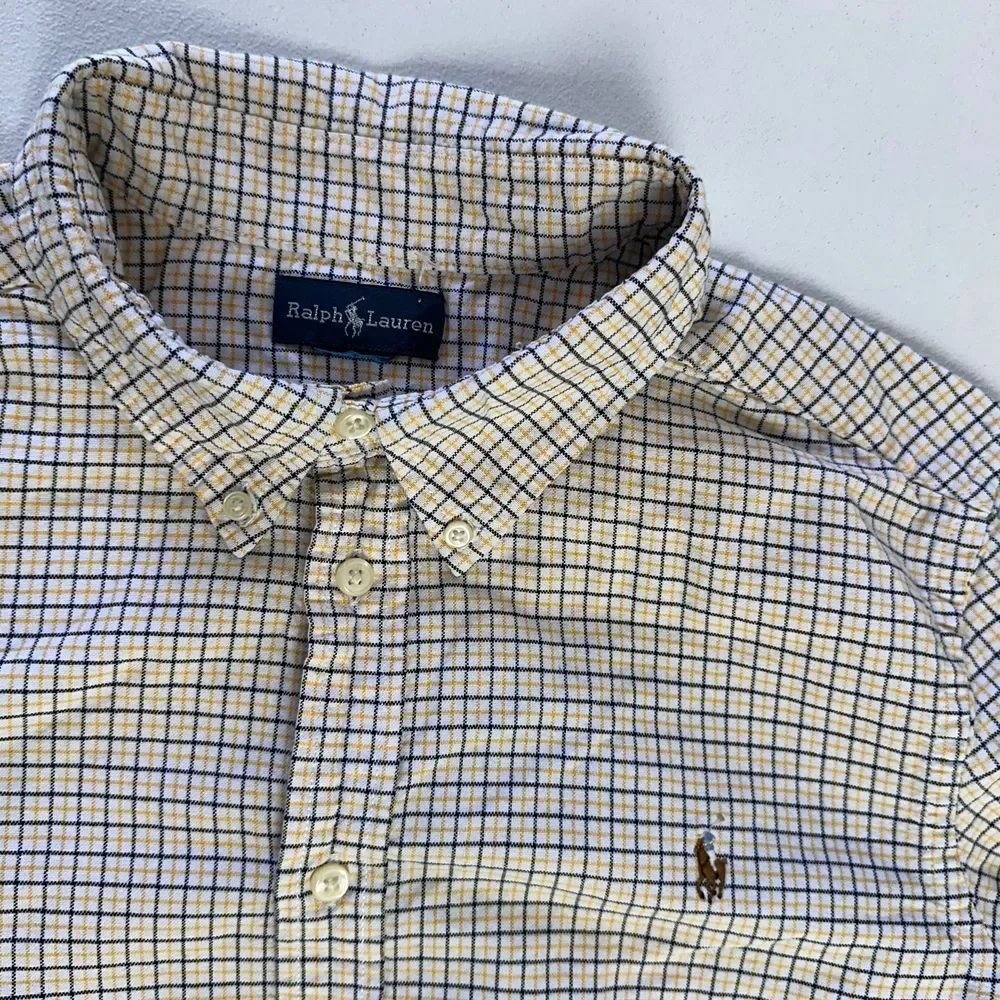Ralph Lauren Light Brown Blue Checkered Button Down Long Sleeve Shirt Size Small